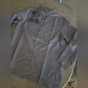 Womens Navy & White Pinstripe Button-Up Shirt Embroidered Flowers Sz XL Nwot